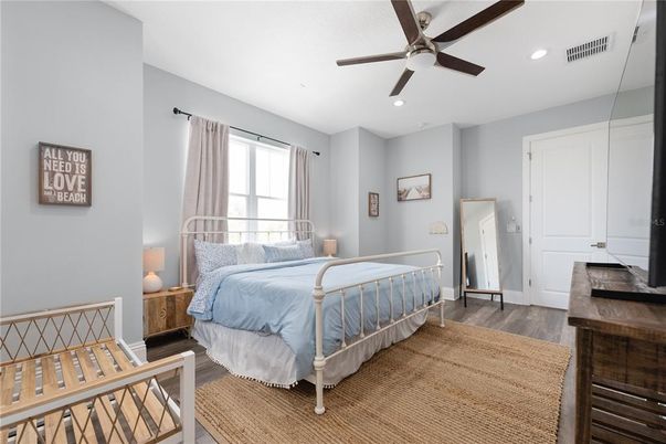 Bedroom, Interior, Recessed Lighting, Wood Texture Flooring