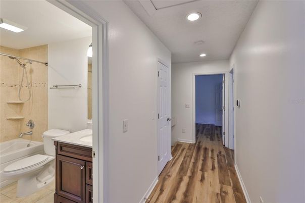 Bathroom, Interior, Recessed Lighting, Wood Texture Flooring