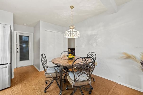 Dining room, Interior, Pendant Lights, Wood Texture Flooring