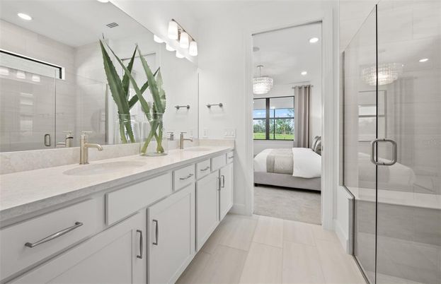 Bathroom, Bedroom, Chandelier, Dual Sink Vanities, Glass Shower, Interior, Recessed Lighting