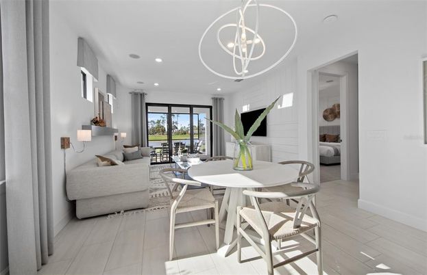 Dining room, Interior, Living room, Pendant Lights, Recessed Lighting, Wood Texture Flooring