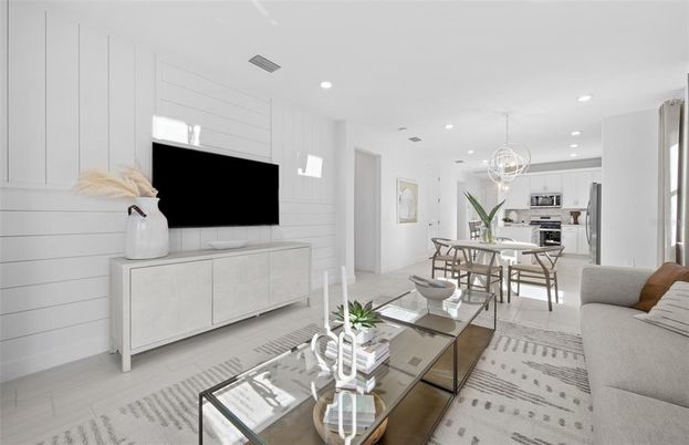 Chandelier, Dining room, Interior, Kitchen, Living room, Pendant Lights, Recessed Lighting, Stainless Steel Appliances