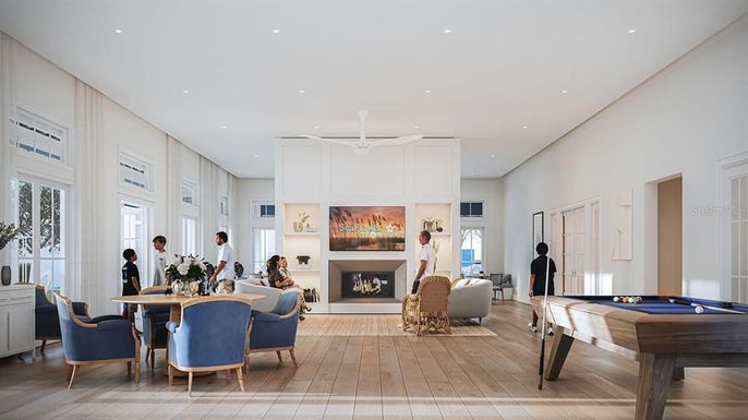 Billiard Table, Dining room, Fireplace, Game Room, Interior, Living room, Recessed Lighting, Wood Texture Flooring