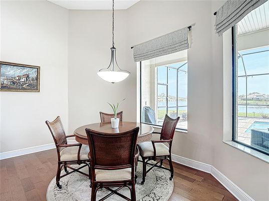 Dining room, Interior, Pendant Lights, Wood Texture Flooring