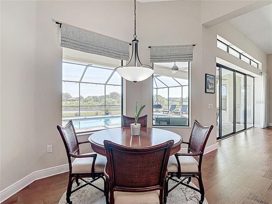 Dining room, Glass Ceilings, Interior, Pendant Lights, Pool, Sun Room, Wood Texture Flooring