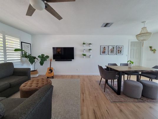 Dining room, Interior, Pendant Lights, Wood Texture Flooring