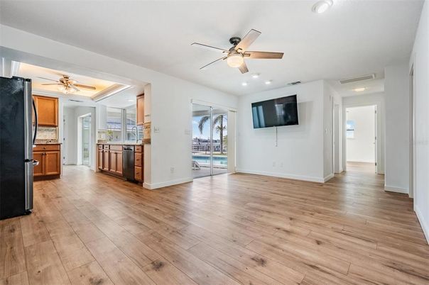Empty room, Interior, Kitchen, Recessed Lighting, Wood Texture Flooring