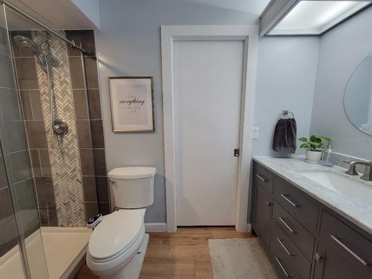Bathroom, Glass Shower, Interior, Wood Texture Flooring