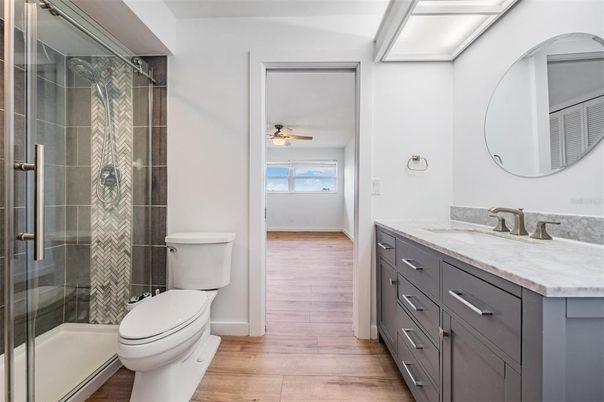 Bathroom, Glass Shower, Interior, Wood Texture Flooring