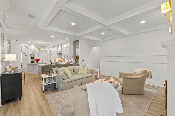 Interior, Kitchen, Living room, Pendant Lights, Recessed Lighting, Wood Texture Flooring