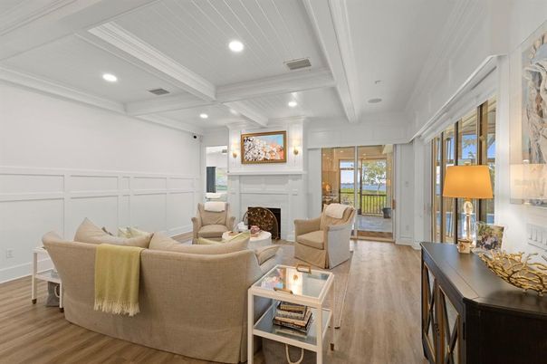 Fireplace, Interior, Living room, Recessed Lighting, Wood Texture Flooring