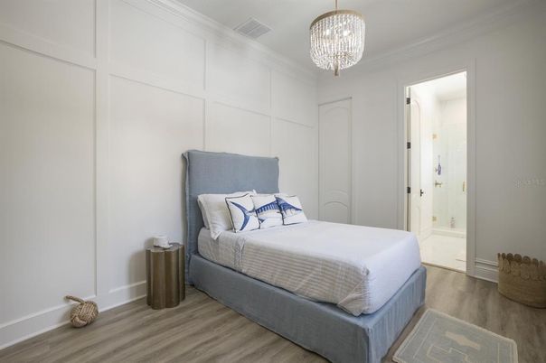 Bedroom, Chandelier, Interior, Wood Texture Flooring