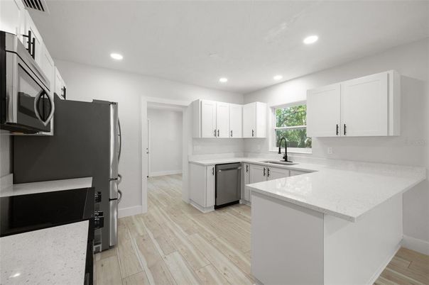 Interior, Kitchen, Recessed Lighting, Wood Texture Flooring