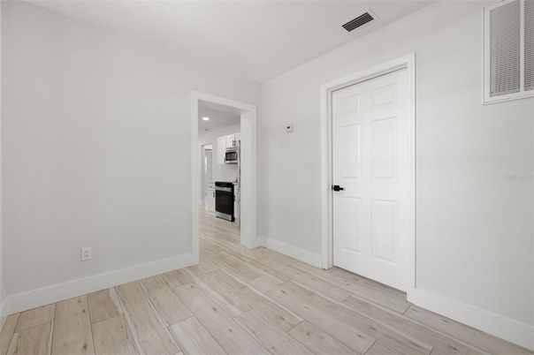 Empty room, Interior, Kitchen, Recessed Lighting, Wood Texture Flooring