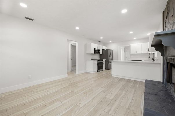 Interior, Kitchen, Recessed Lighting, Stainless Steel Appliances, Wood Texture Flooring
