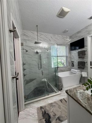 Bathroom, Free Standing Baths, Glass Shower, Interior, Marble, Marble Walls