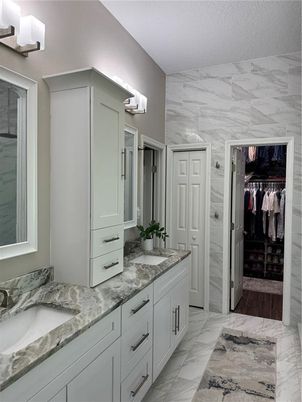 Bathroom, Dual Sink Vanities, Interior, Marble, Marble Walls, Walk-in Closets, Wood Texture Flooring