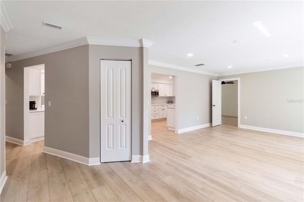 Empty room, Interior, Kitchen, Recessed Lighting, Wood Texture Flooring