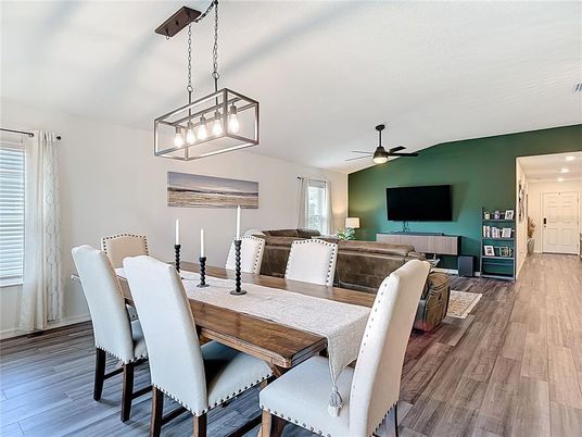Dining room, Interior, Pendant Lights, Recessed Lighting, Wood Texture Flooring