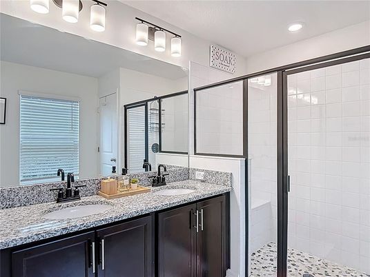 Bathroom, Dual Sink Vanities, Glass Shower, Interior, Recessed Lighting