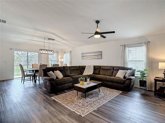 Dining room, Interior, Living room, Pendant Lights, Wood Texture Flooring
