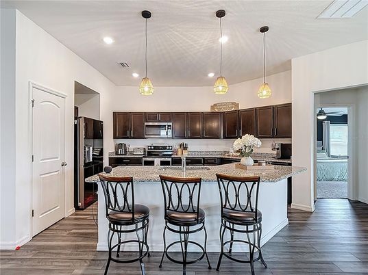 Interior, Kitchen, Pendant Lights, Recessed Lighting, Stainless Steel Appliances, Wood Texture Flooring