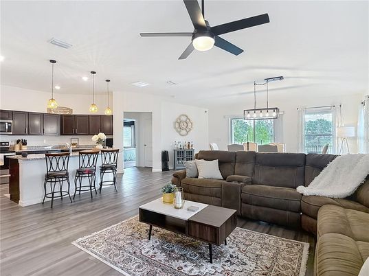 Dining room, Interior, Kitchen, Living room, Pendant Lights, Stainless Steel Appliances, Wood Texture Flooring