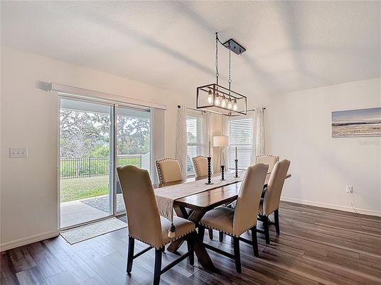 Dining room, Interior, Pendant Lights, Wood Texture Flooring