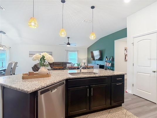 Dining room, Interior, Kitchen, Pendant Lights, Recessed Lighting, Wood Texture Flooring
