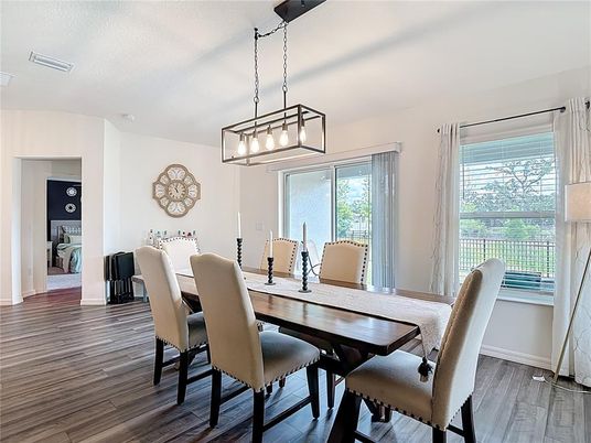 Dining room, Interior, Pendant Lights, Wood Texture Flooring