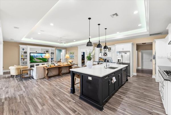 Interior, Kitchen, Living room, Pendant Lights, Recessed Lighting, Stainless Steel Appliances, Wood Texture Flooring
