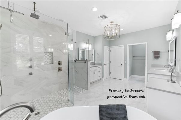 Bathroom, Dual Sink Vanities, Free Standing Baths, Glass Shower, Interior, Marble, Marble Walls, Recessed Lighting