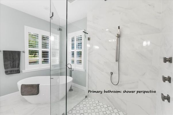 Bathroom, Free Standing Baths, Glass Shower, Interior, Marble, Marble Walls