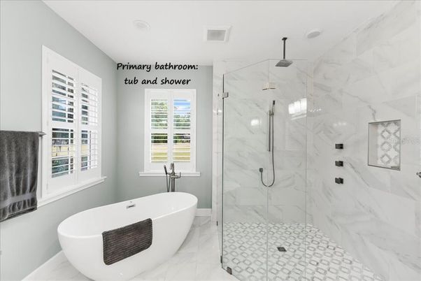 Bathroom, Free Standing Baths, Glass Shower, Interior, Marble, Marble Walls, Recessed Lighting
