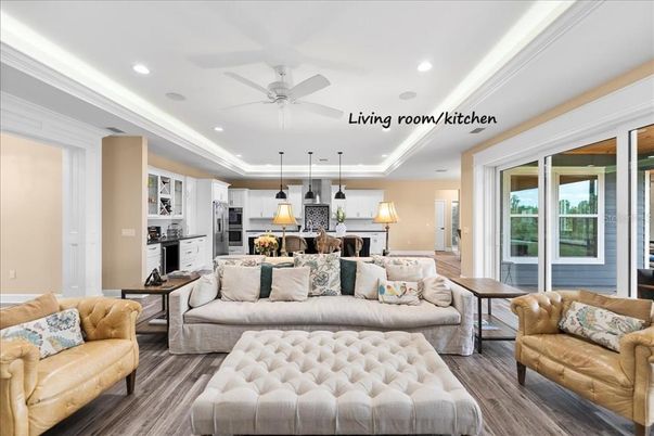 Interior, Kitchen, Living room, Pendant Lights, Recessed Lighting, Stainless Steel Appliances, Wood Texture Flooring
