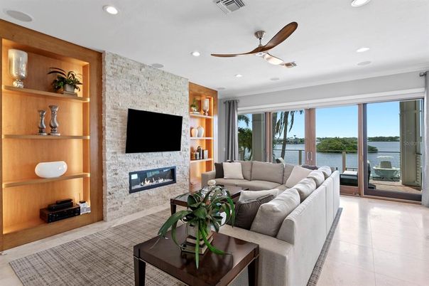 Fireplace, Interior, Living room, Recessed Lighting, Stone Walls, Water