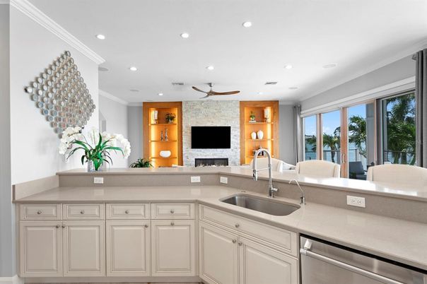 Fireplace, Interior, Kitchen, Recessed Lighting, Stone Walls