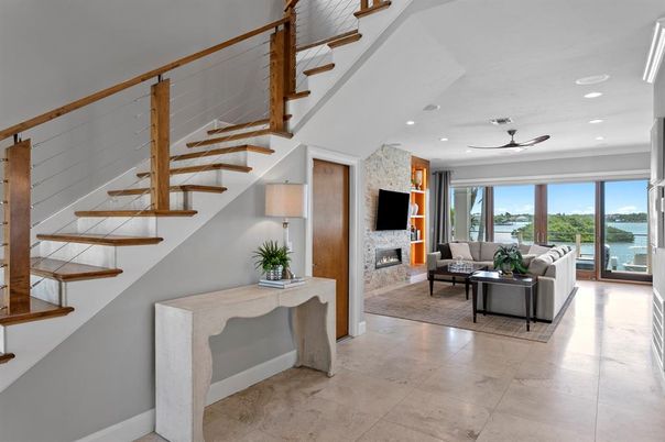 Fireplace, Interior, Living room, Recessed Lighting, Stone Walls, Water