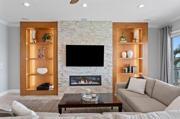 Fireplace, Interior, Living room, Recessed Lighting, Stone Walls