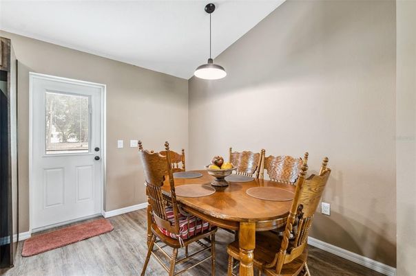 Dining room, Interior, Pendant Lights, Wood Texture Flooring