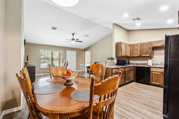 Dining room, Interior, Kitchen, Recessed Lighting, Wood Texture Flooring