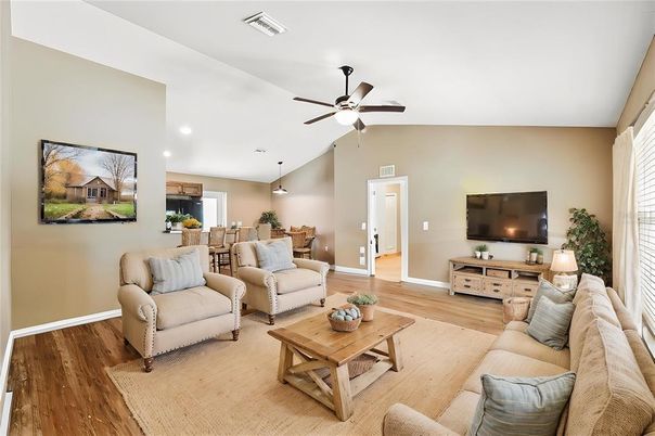 Dining room, Interior, Living room, Recessed Lighting, Wood Texture Flooring