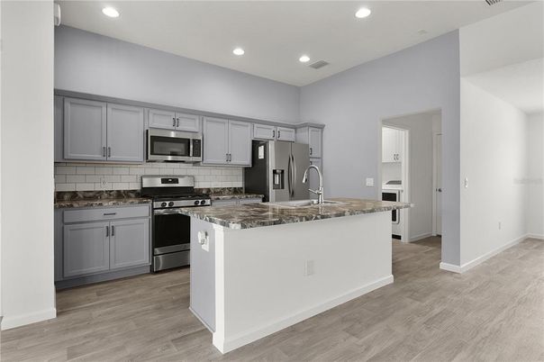 Interior, Kitchen, Recessed Lighting, Stainless Steel Appliances, Wood Texture Flooring