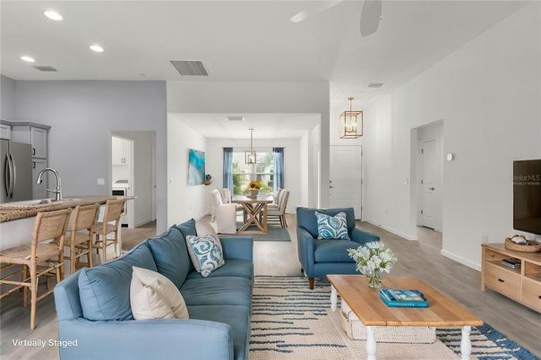 Dining room, Interior, Kitchen, Living room, Pendant Lights, Recessed Lighting, Wood Texture Flooring