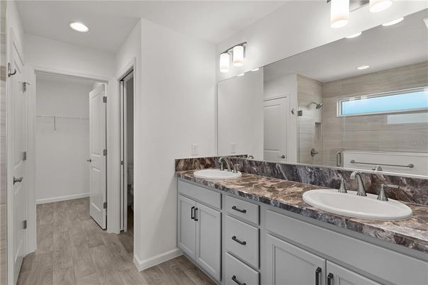 Bathroom, Dual Sink Vanities, Interior, Recessed Lighting, Wood Texture Flooring