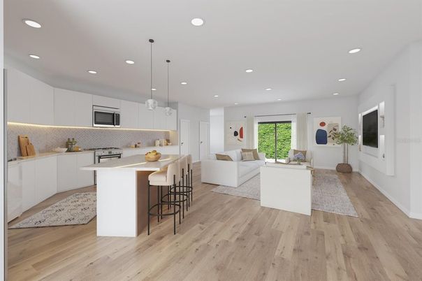 Interior, Kitchen, Living room, Pendant Lights, Recessed Lighting, Stainless Steel Appliances, Wood Texture Flooring