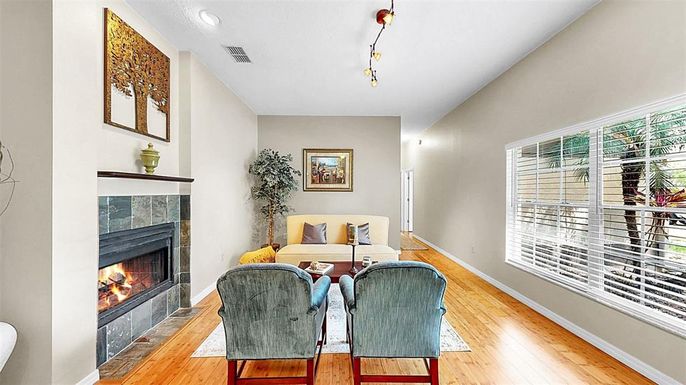 Fireplace, Interior, Recessed Lighting, Wood Texture Flooring