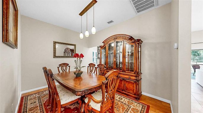 Dining room, Interior, Pendant Lights, Wood Texture Flooring