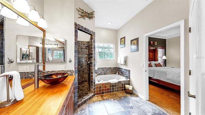 Bathroom, Bedroom, Dual Sink Vanities, Interior, Recessed Lighting, Wood Texture Flooring