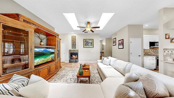 Fireplace, Interior, Kitchen, Living room, Recessed Lighting